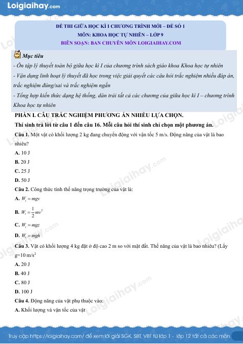 Đề thi giữa kì 1 KHTN 9 Cánh diều - Đề số 1